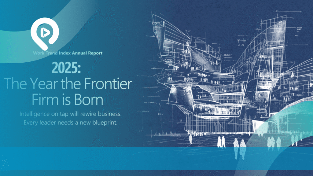 Ilustrasi futuristik dalam laporan Work Trend Index Annual Report 2025 yang menandai era baru bisnis dengan konsep 'The Year the Frontier Firm is Born