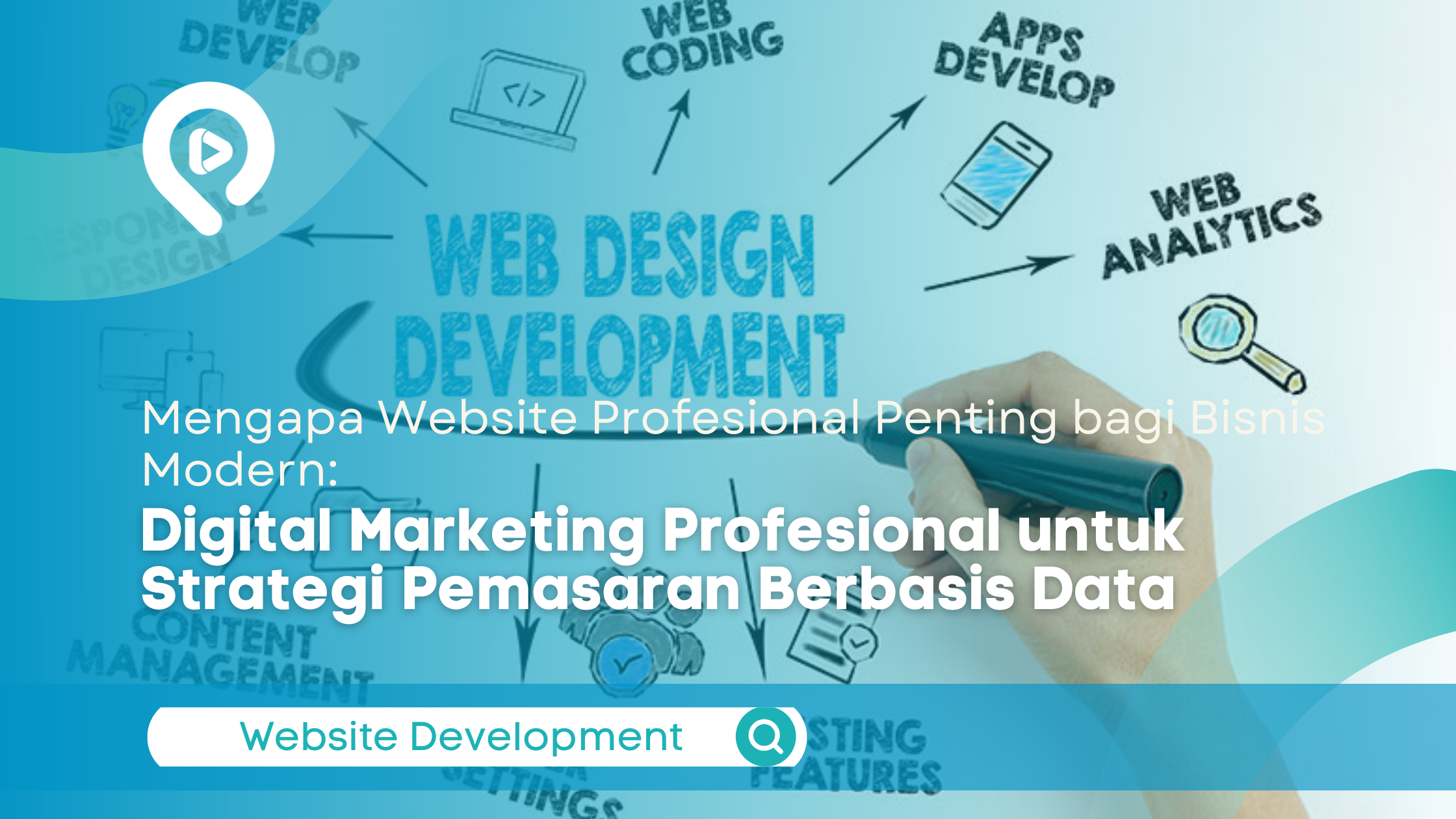 Ilustrasi konsep web design dan website development dengan ikon digital marketing, web analytics, dan aplikasi pada latar biru.