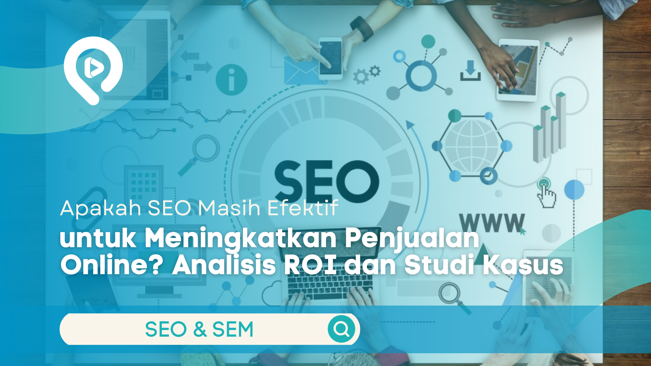 Banner Inovasika SEO & SEM menampilkan konsep optimasi mesin pencari dengan visual grafik digital, ikon analitik, dan teks analisis ROI SEO untuk penjualan online