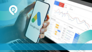 Ilustrasi peran Google Ads dalam strategi SEO dan SEM dengan analitik visual dashboard, kinerja kampanye iklan, dan optimasi traffic digital