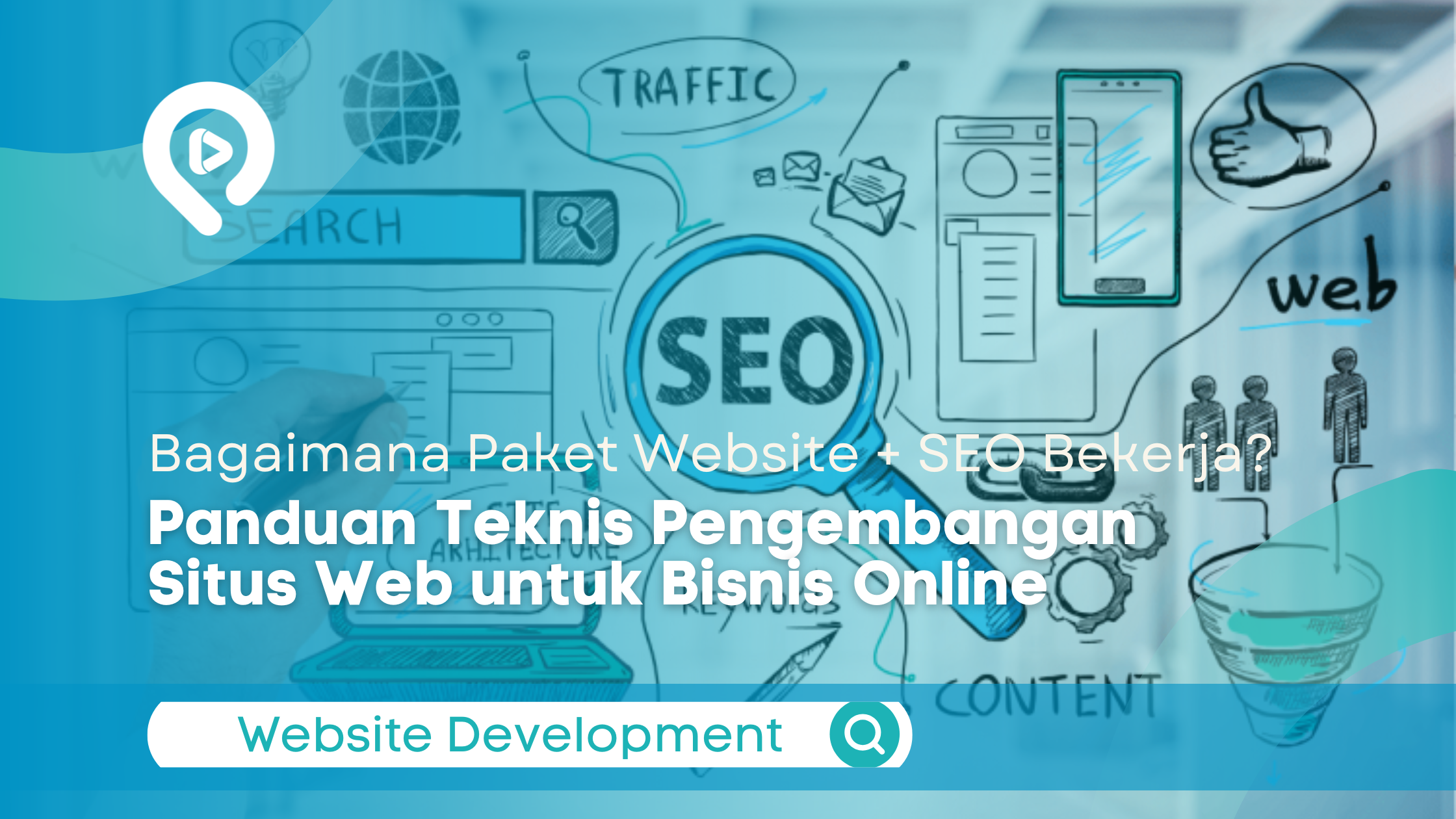 Ilustrasi digital berwarna biru muda dengan berbagai ikon doodle teknologi seperti pencarian (SEO), trafik web, konten, dan perangkat komputer,