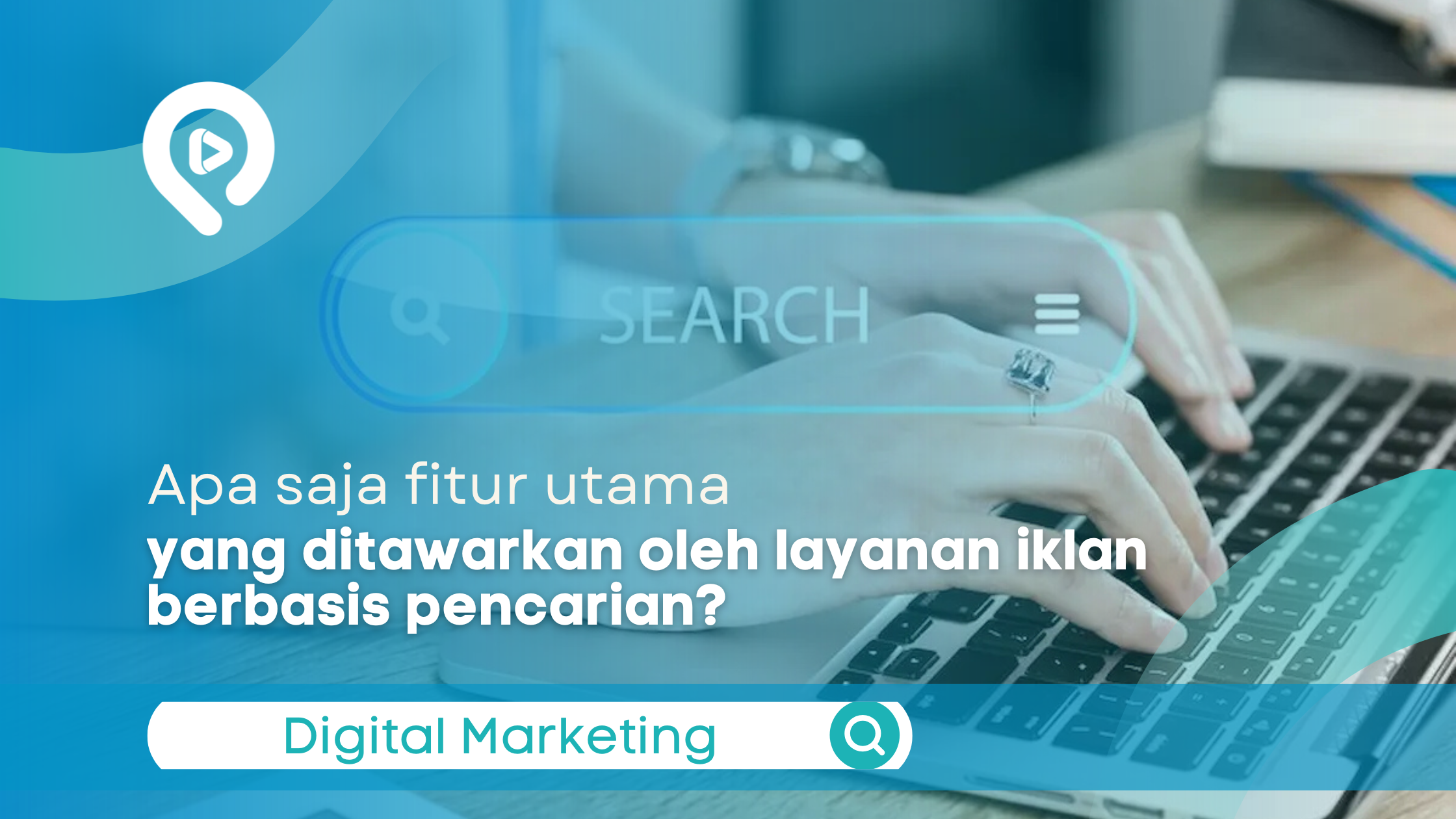 "Infografis dari Inovasika.id menampilkan tangan seseorang sedang mengetik di keyboard laptop dengan overlay grafis bilah pencarian transparan bertuliskan 'SEARCH'