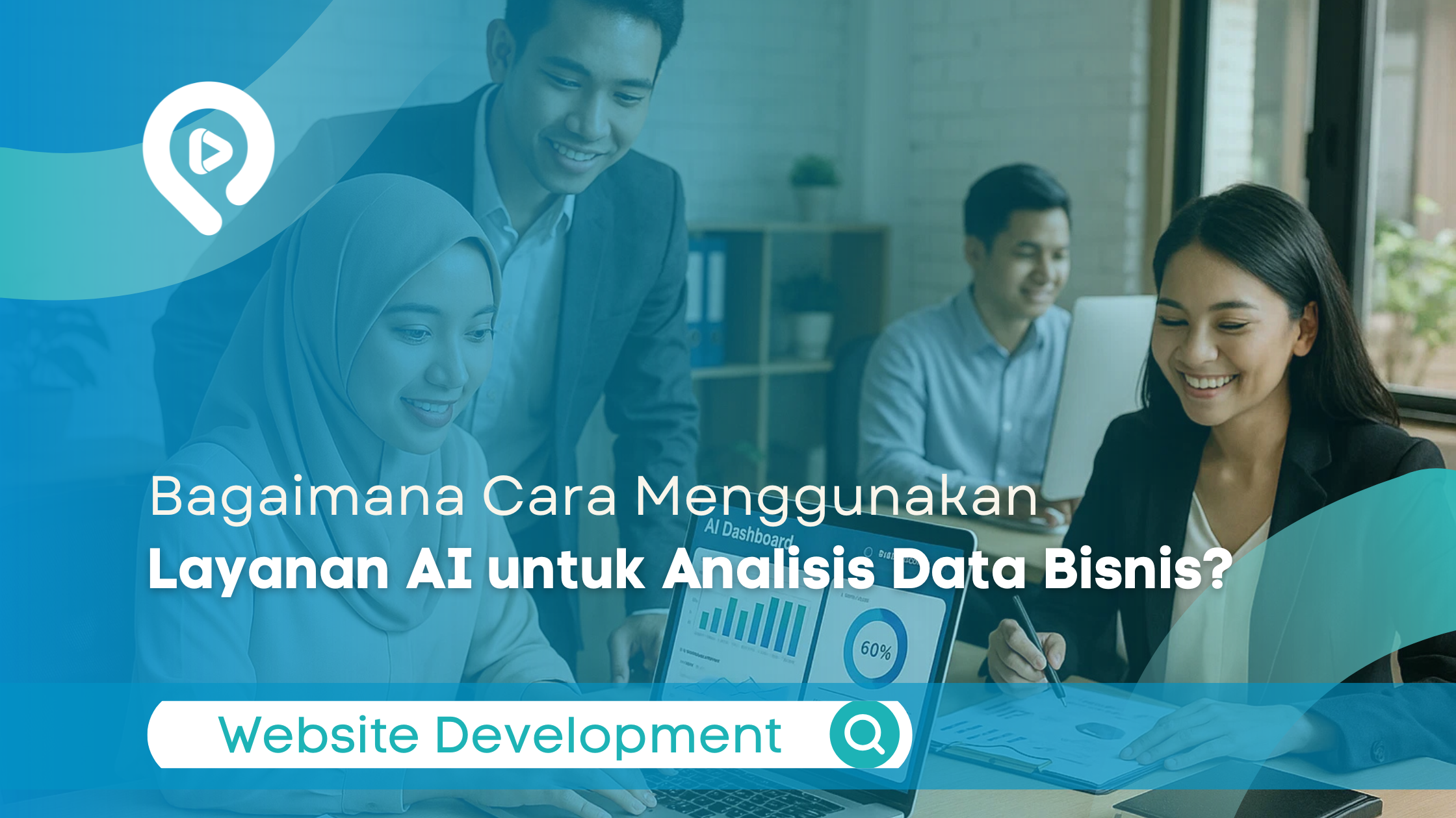Tim profesional sedang menggunakan layanan AI untuk analisis data bisnis melalui dashboard di laptop