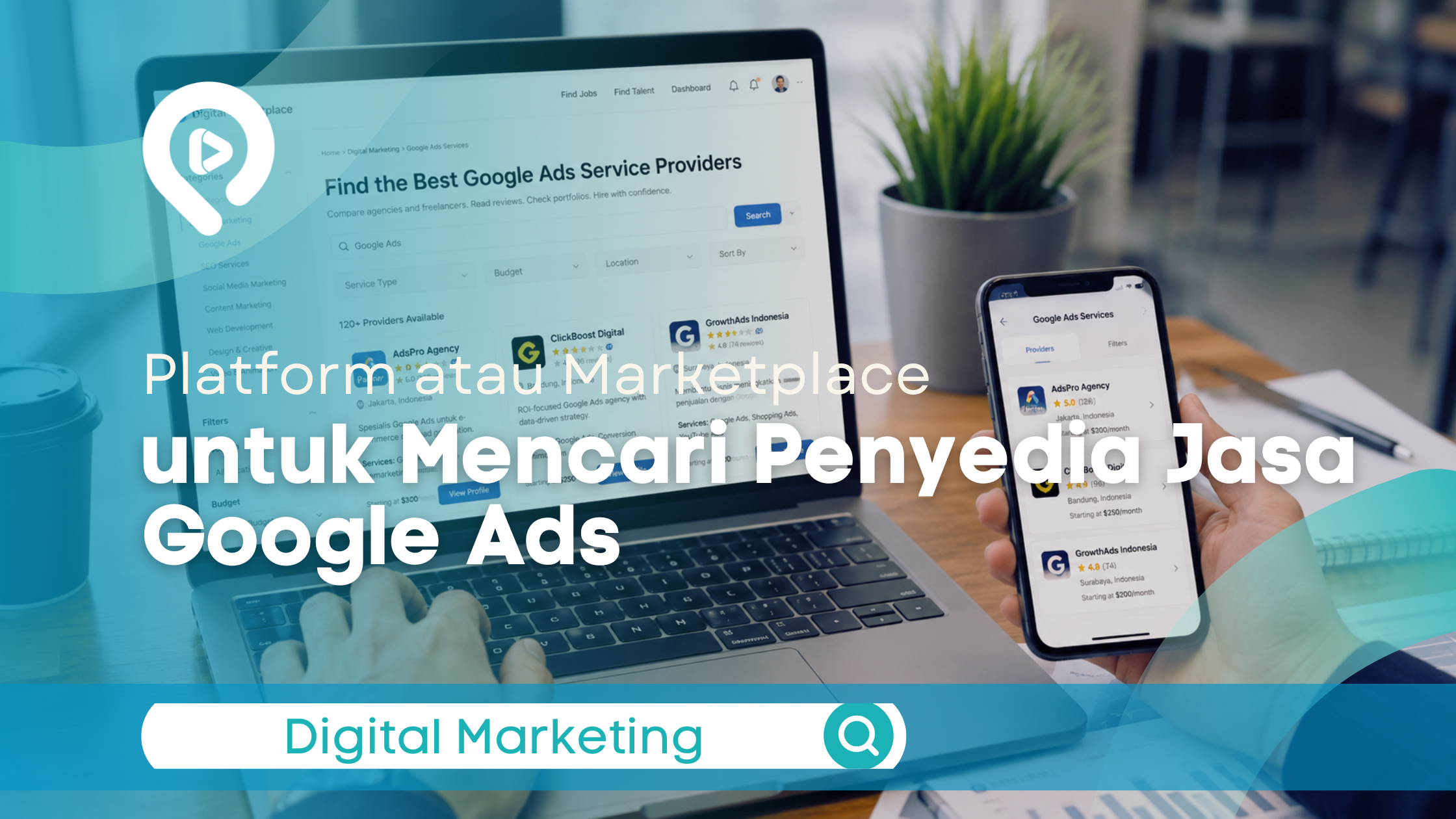 Tampilan layar laptop dan smartphone yang menunjukkan marketplace penyedia jasa Google Ads, dengan teks utama "Platform atau Marketplace untuk Mencari Penyedia Jasa Google Ads" dan logo Inovasika.