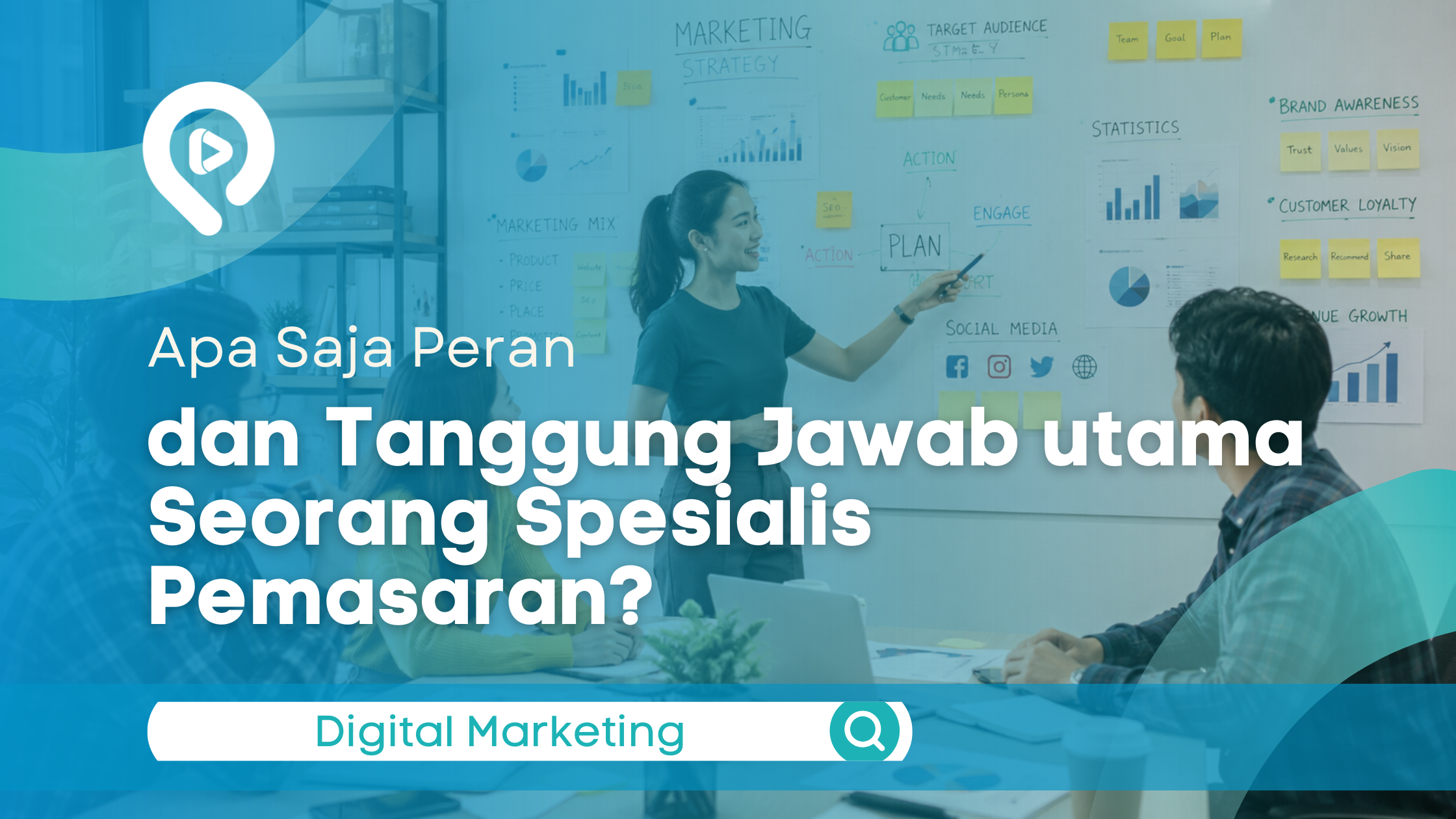 Tim spesialis pemasaran sedang mempresentasikan strategi digital marketing dan analisis kampanye bisnis di ruang meeting.