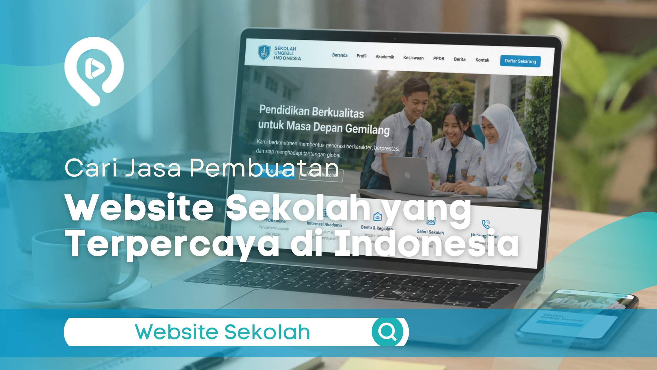 Tampilan website sekolah modern di laptop dengan desain profesional untuk layanan pendidikan digital dan PPDB online.