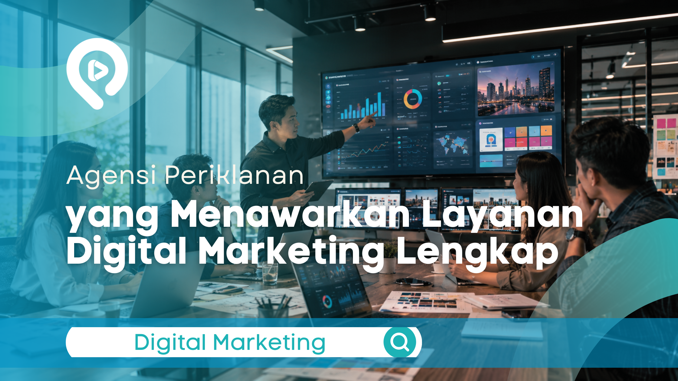 Tim agensi digital marketing yang sedang berdiskusi di ruang rapat modern dengan layar besar menampilkan dashboard data analitik dan grafik performa, dilengkapi teks "Agensi Periklanan yang Menawarkan Layanan Digital Marketing Lengkap" dan logo Inovasika.