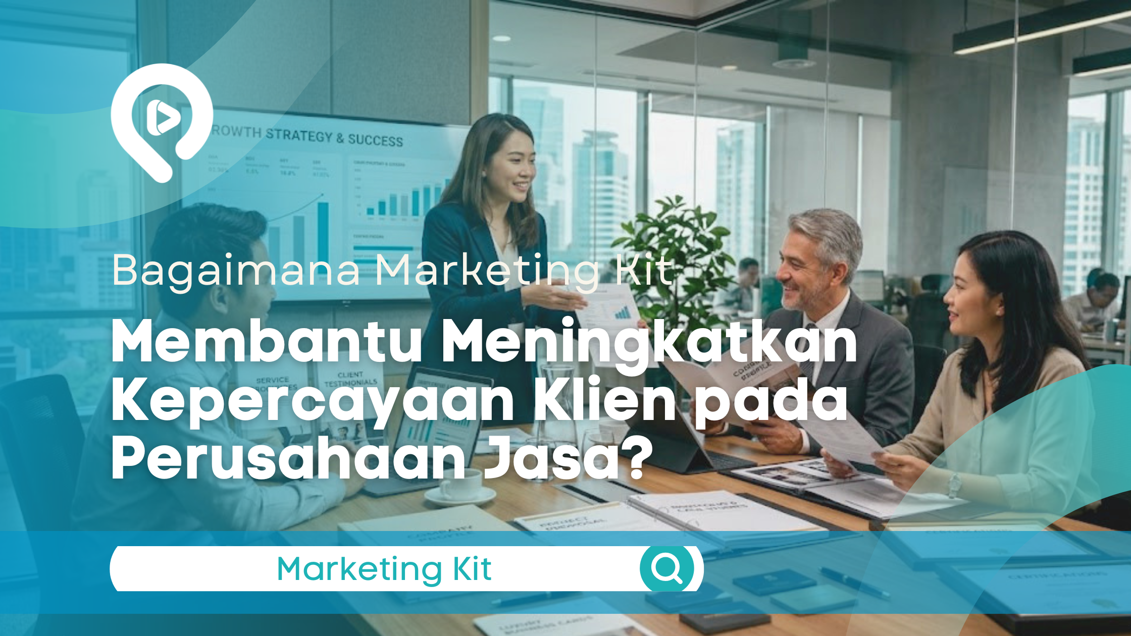 Konsultan mempresentasikan dokumen marketing kit premium kepada klien korporat di ruang rapat modern.