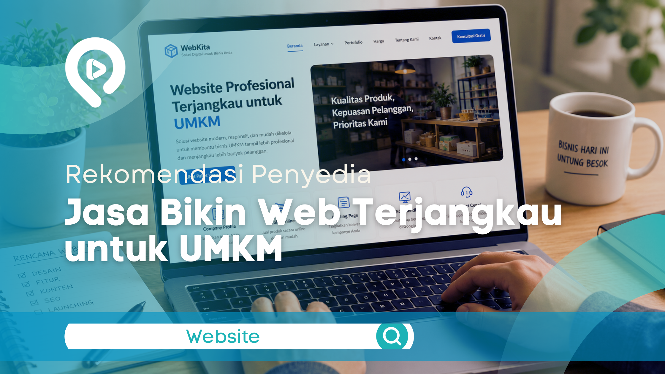 Desain promosi jasa bikin web terjangkau untuk UMKM dengan tampilan laptop website profesional.