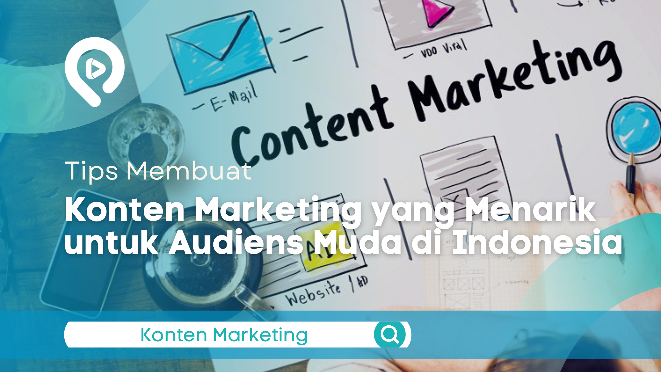 Ilustrasi konten marketing dengan konsep strategi pemasaran digital untuk menarik audiens muda Indonesia.