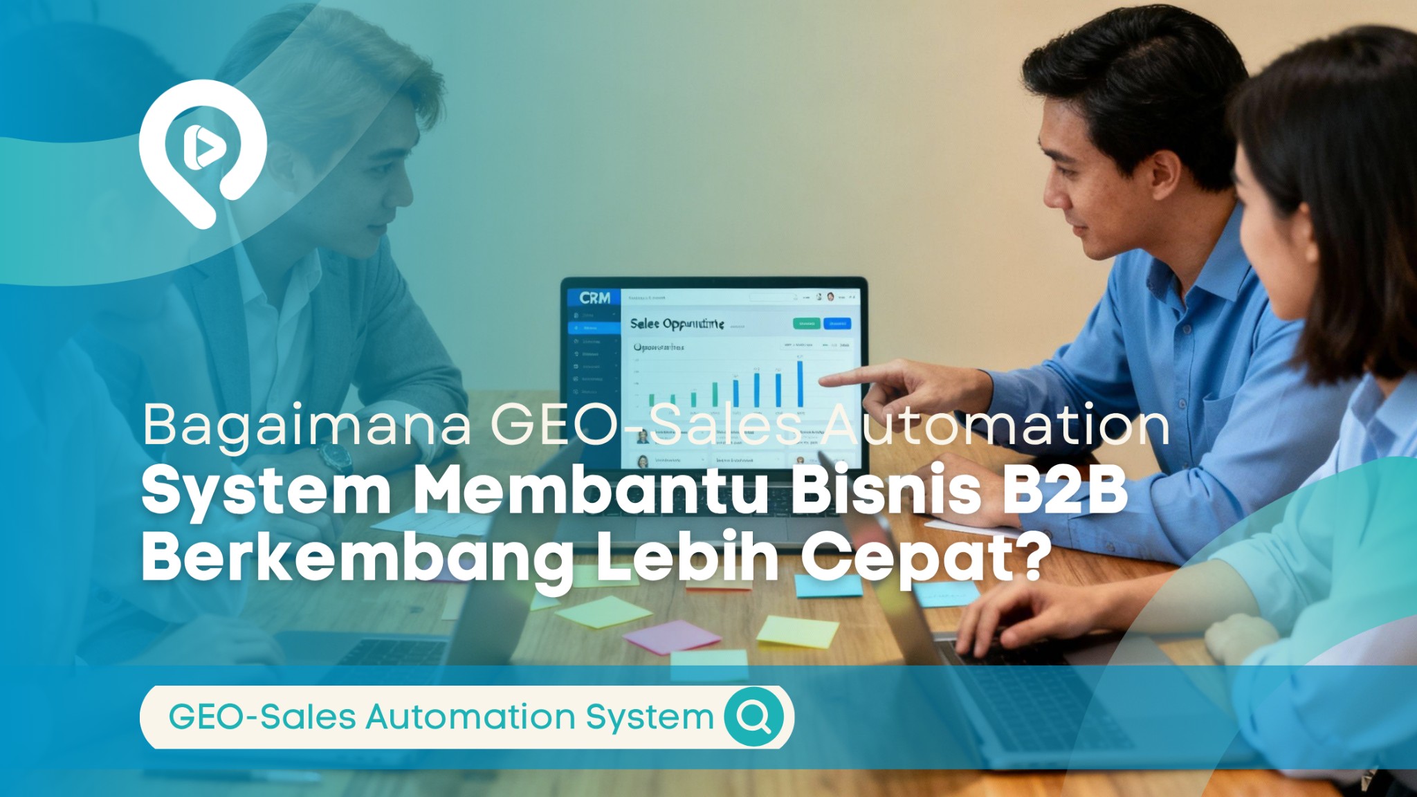 Ilustrasi tim bisnis B2B sedang menganalisis data CRM dan strategi penjualan menggunakan GEO-Sales Automation System.