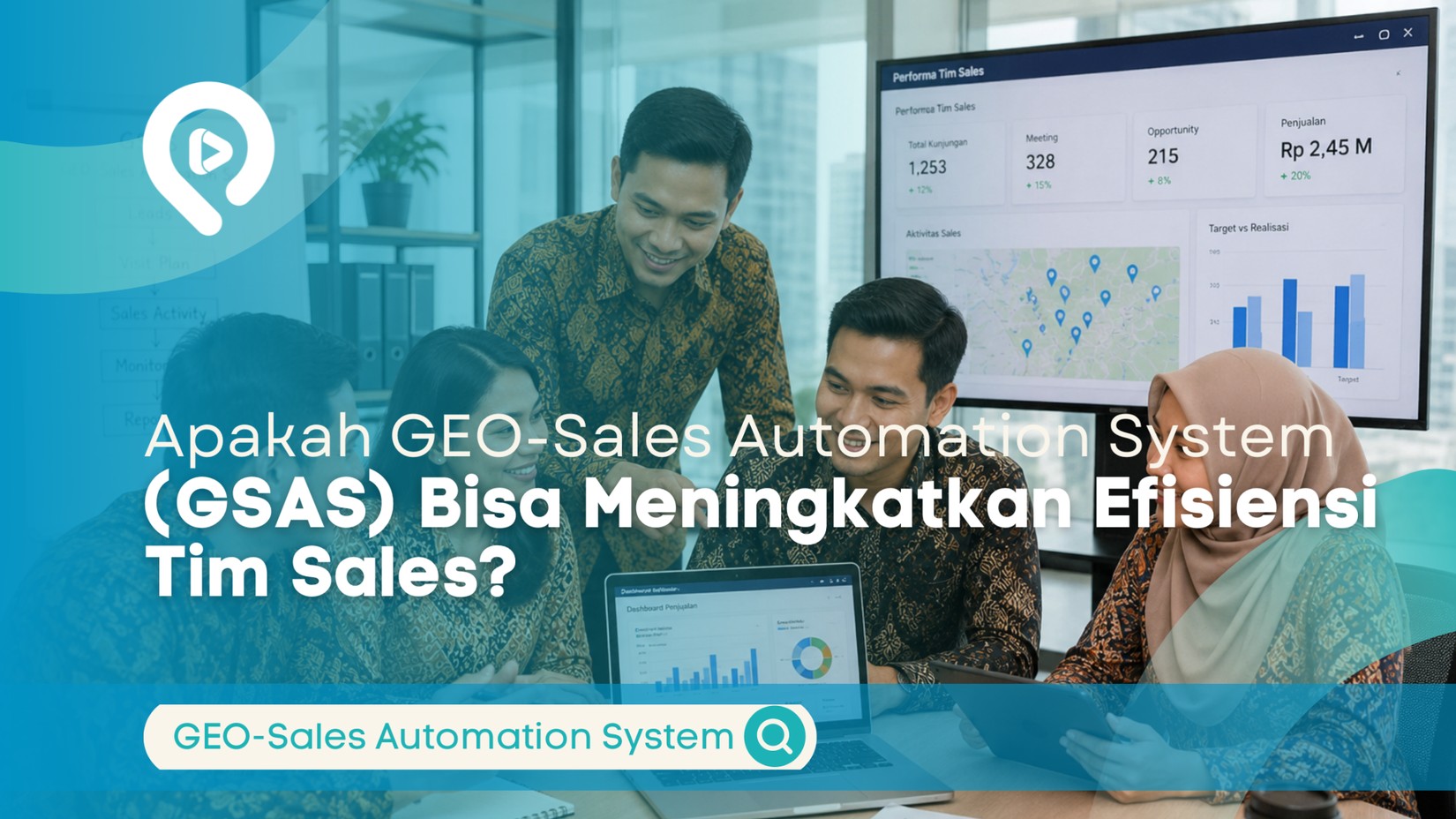 Tim sales Indonesia berdiskusi menggunakan dashboard GEO-Sales Automation System untuk memantau aktivitas dan performa penjualan.