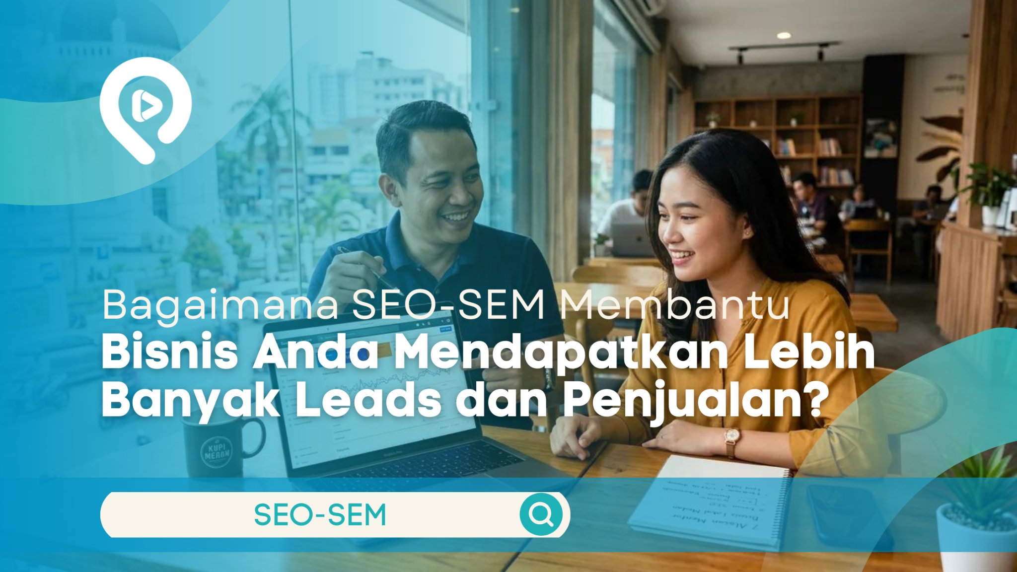 Ilustrasi dua orang sedang membahas strategi SEO-SEM menggunakan laptop untuk meningkatkan leads dan penjualan bisnis.