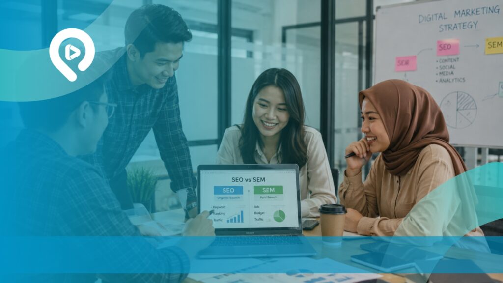 Tim pemasaran digital berdiskusi menggunakan laptop untuk membahas strategi SEO dan SEM.