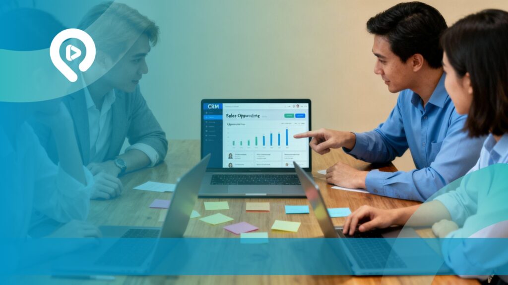 Tim bisnis B2B sedang berdiskusi dan menganalisis data penjualan melalui sistem CRM untuk mendukung strategi GEO-Sales Automation.