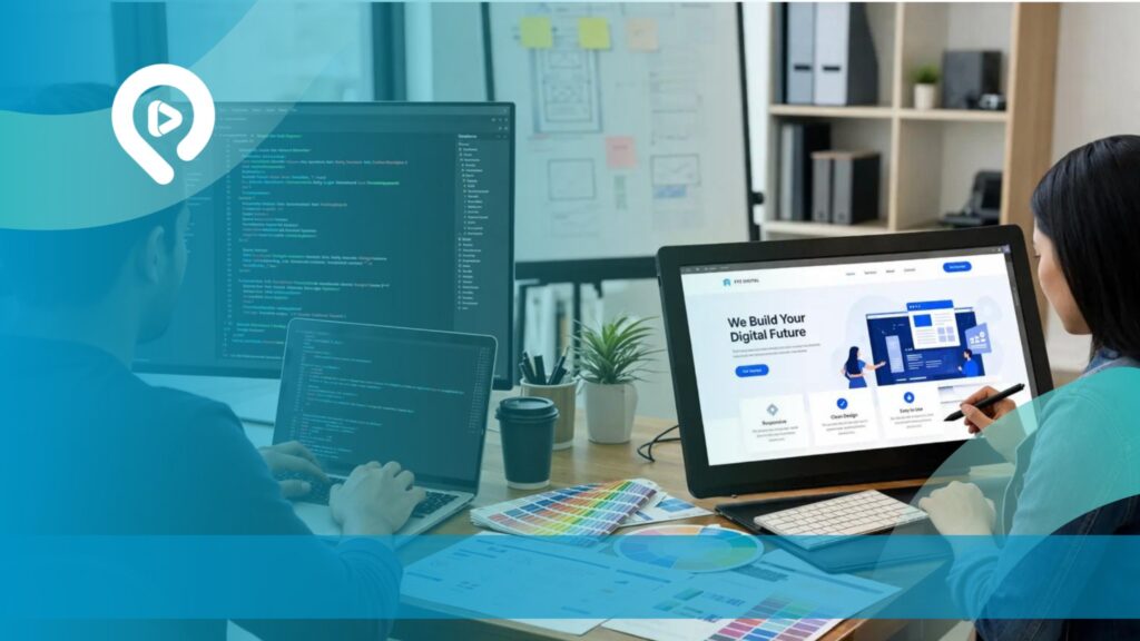 Tim pengembang sedang merancang dan mengembangkan website profesional menggunakan laptop dan komputer dalam sebuah ruang kerja.