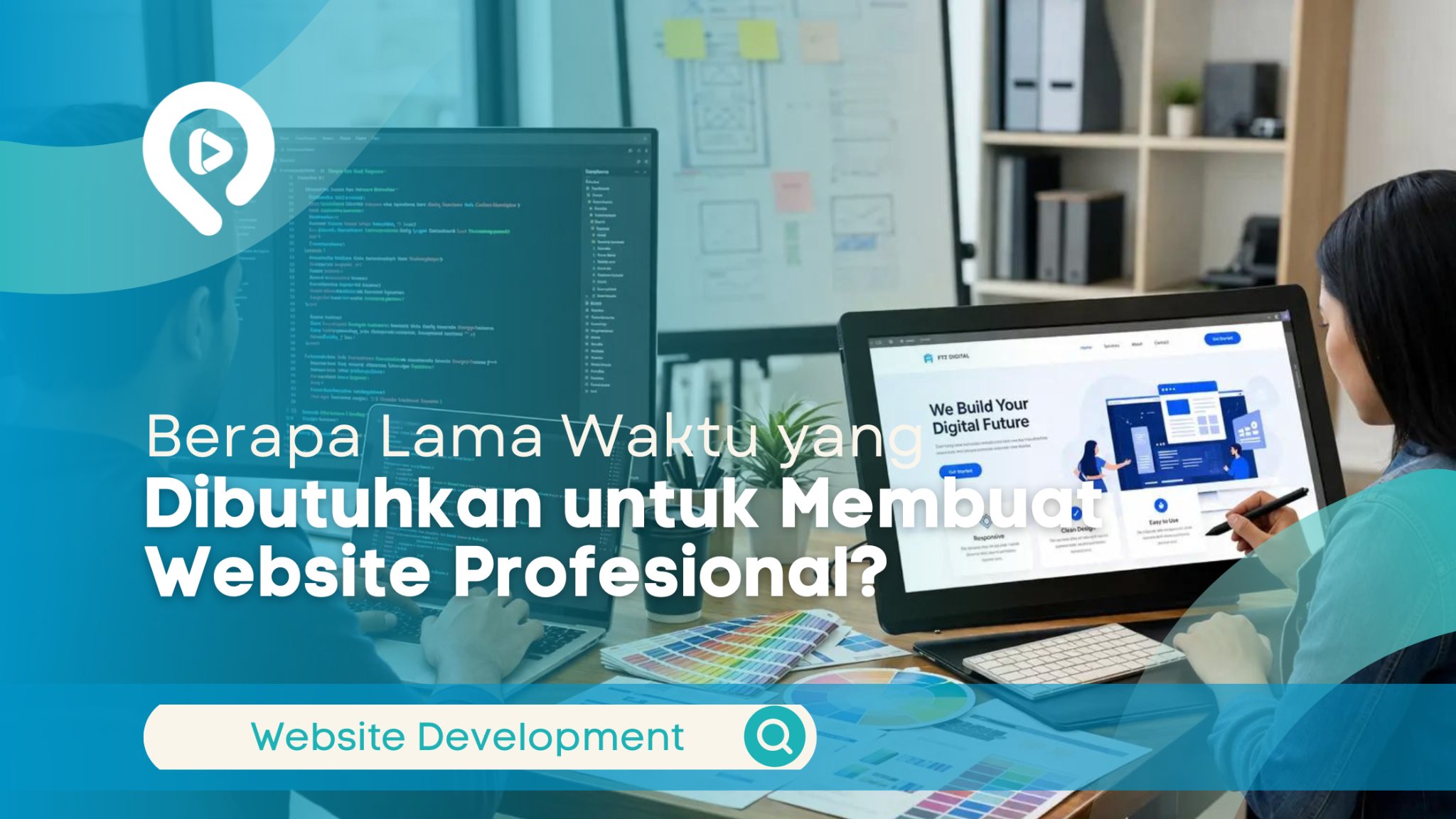 Tim pengembang sedang merancang dan mengembangkan website profesional menggunakan laptop dan komputer