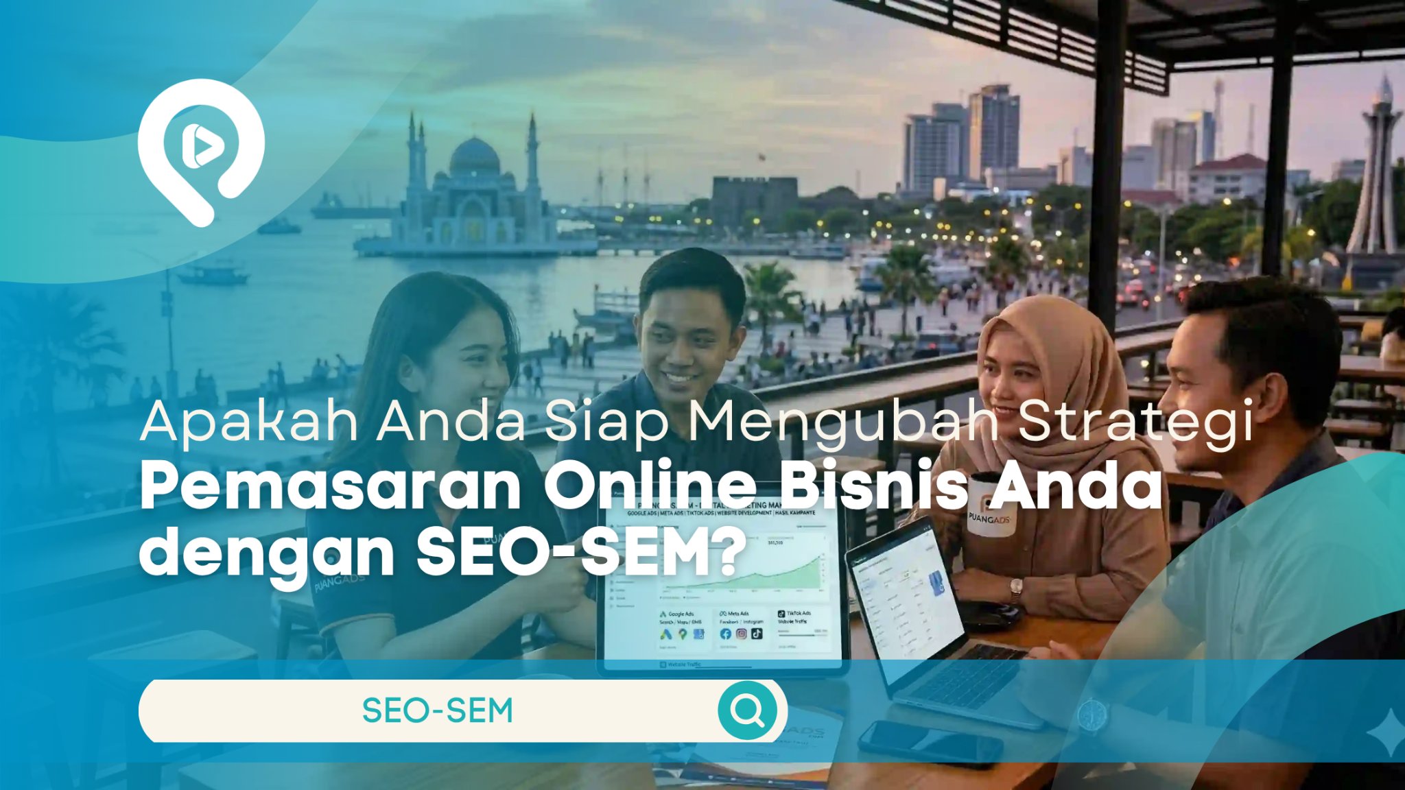 Ilustrasi tim pemasaran digital sedang berdiskusi mengenai strategi SEO dan SEM dengan latar pemandangan Kota Makassar.