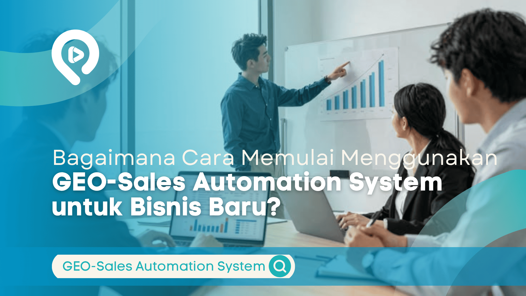 Tim profesional sedang berdiskusi mengenai strategi penjualan dan menganalisis grafik pertumbuhan bisnis untuk memahami penggunaan GEO-Sales Automation System bagi bisnis baru.