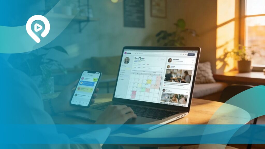 Ilustrasi seseorang mengelola media sosial menggunakan laptop dan smartphone, dengan tampilan kalender konten dan dashboard media sosial di layar.