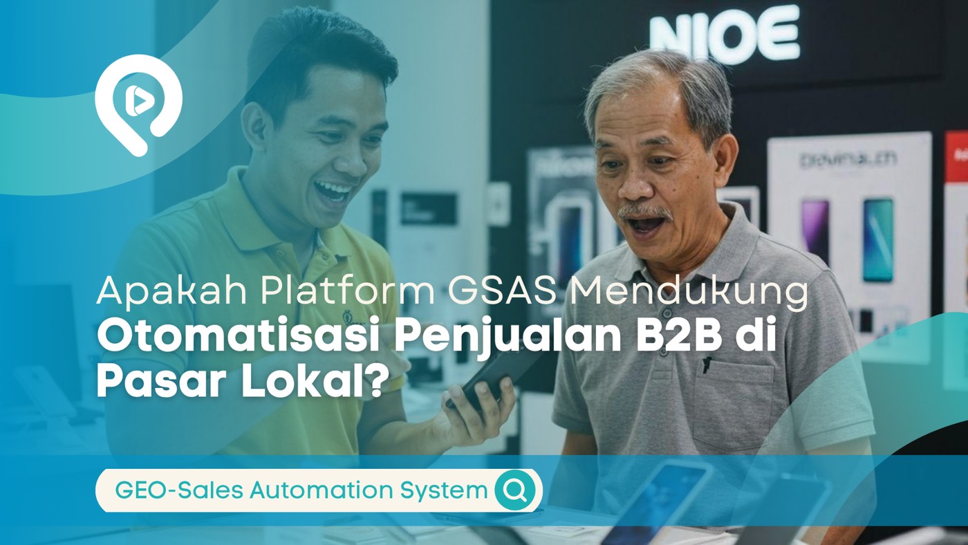 Ilustrasi dua pria sedang berdiskusi menggunakan smartphone di lingkungan bisnis dengan judul “Apakah Platform GSAS Mendukung Otomatisasi Penjualan B2B di Pasar Lokal?” dan tema Geo-Sales Automation System.