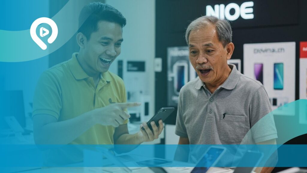 Dua pria sedang berdiskusi menggunakan smartphone dalam suasana bisnis, dengan latar toko elektronik dan desain grafis bernuansa biru.