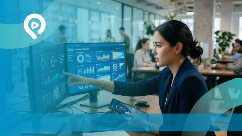 Perempuan profesional menganalisis data traffic website dan performa kampanye digital melalui dashboard analytics di monitor komputer.