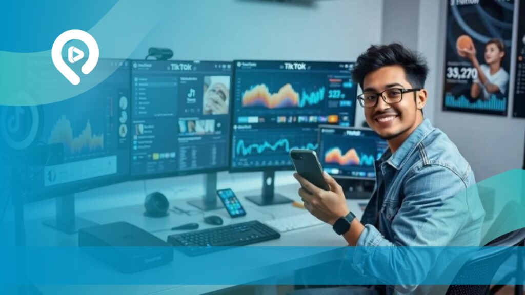 Pria profesional memantau dan mengelola media sosial melalui dashboard analytics dan smartphone.