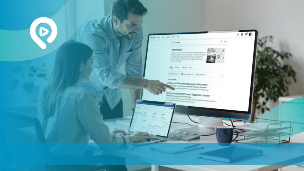 Dua profesional sedang berdiskusi dan menganalisis hasil pencarian Google serta grafik performa website melalui monitor komputer dan laptop. Gambar menggunakan nuansa biru turquoise dengan logo Inovasika di pojok kiri atas.